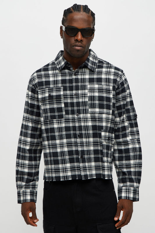 Cropped Cargo Pocket Flannel Button Up - Black