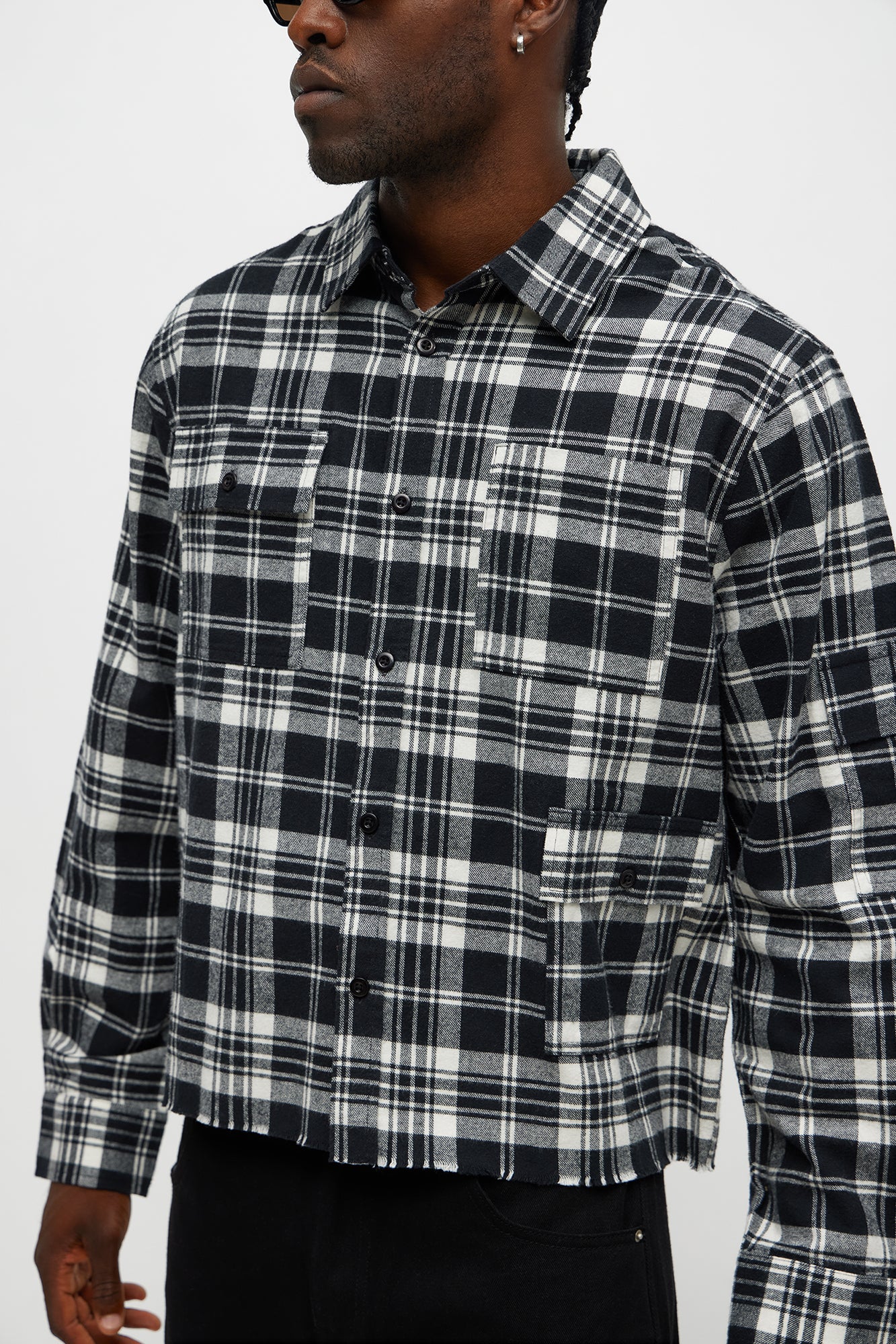 Cropped Cargo Pocket Flannel Button Up - Black
