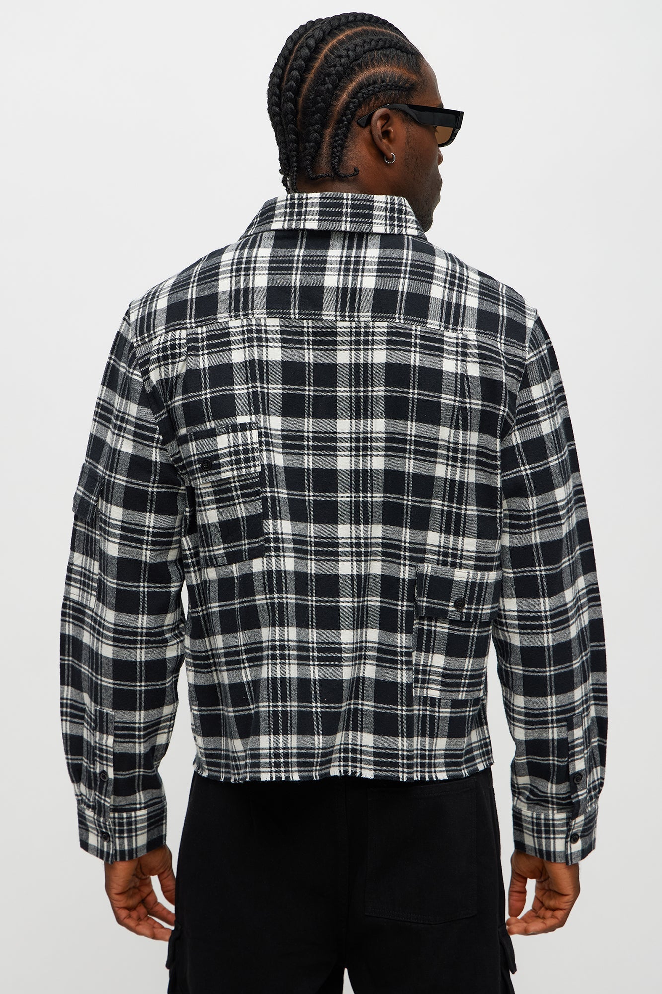 Cropped Cargo Pocket Flannel Button Up - Black