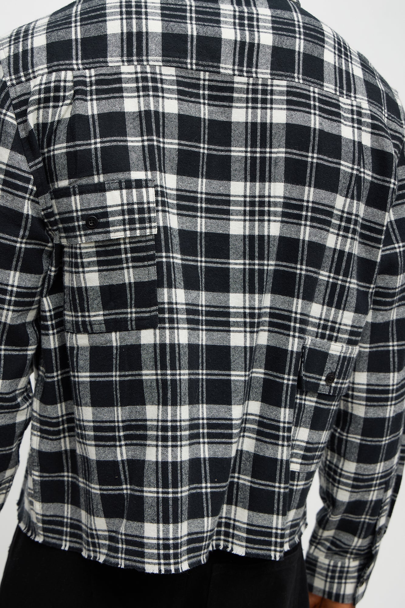 Cropped Cargo Pocket Flannel Button Up - Black