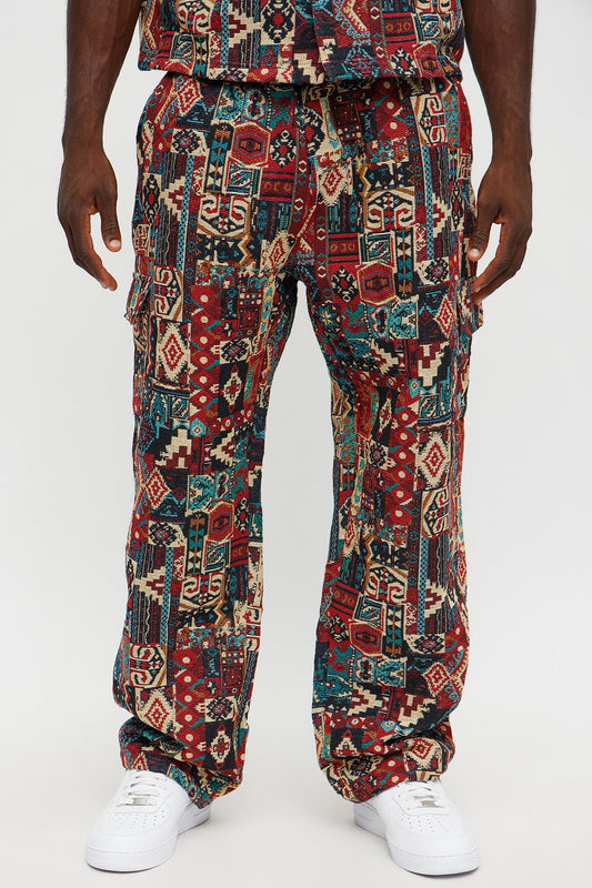 Baggy Aztec Tapestry Cargo Pants - Multi Color