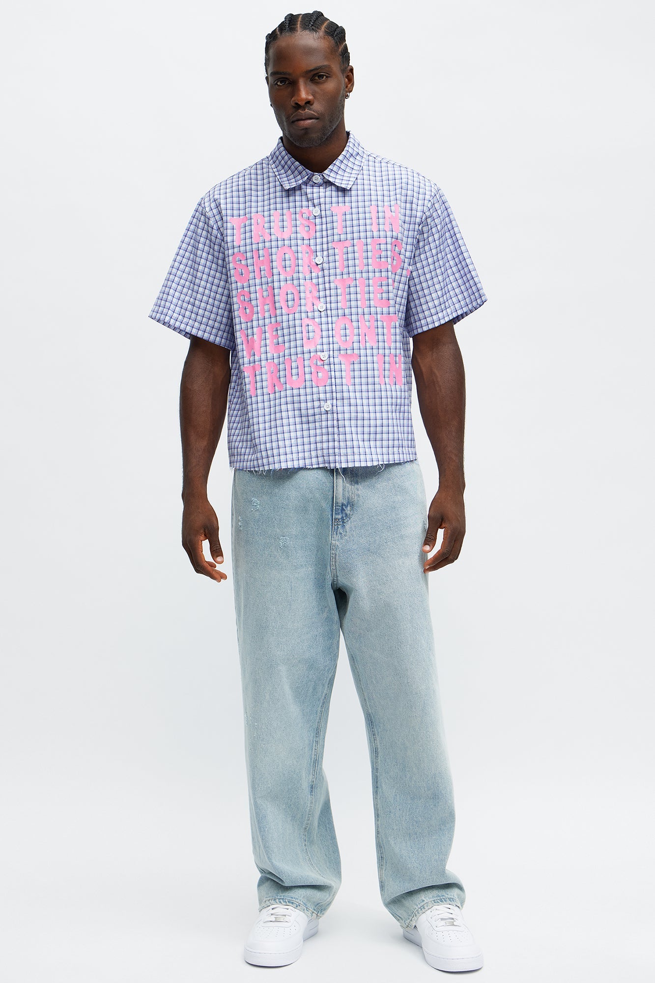 Cropped In Shorties We Trust Button Up Shirt - Blue/combo