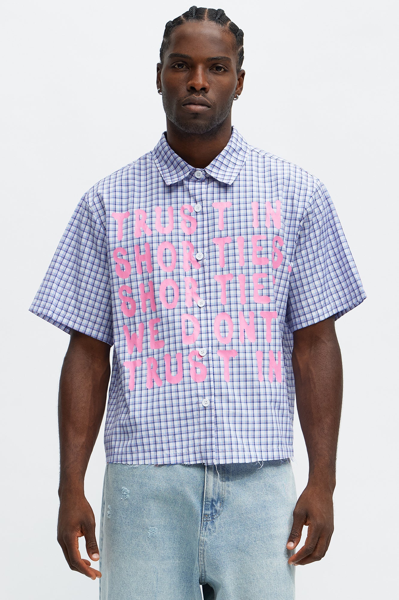 Cropped In Shorties We Trust Button Up Shirt - Blue/combo