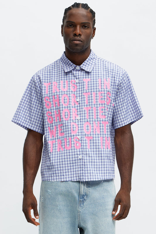 Cropped In Shorties We Trust Button Up Shirt - Blue/combo