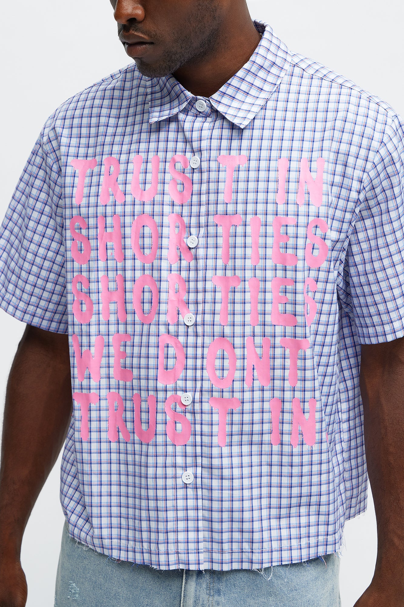 Cropped In Shorties We Trust Button Up Shirt - Blue/combo