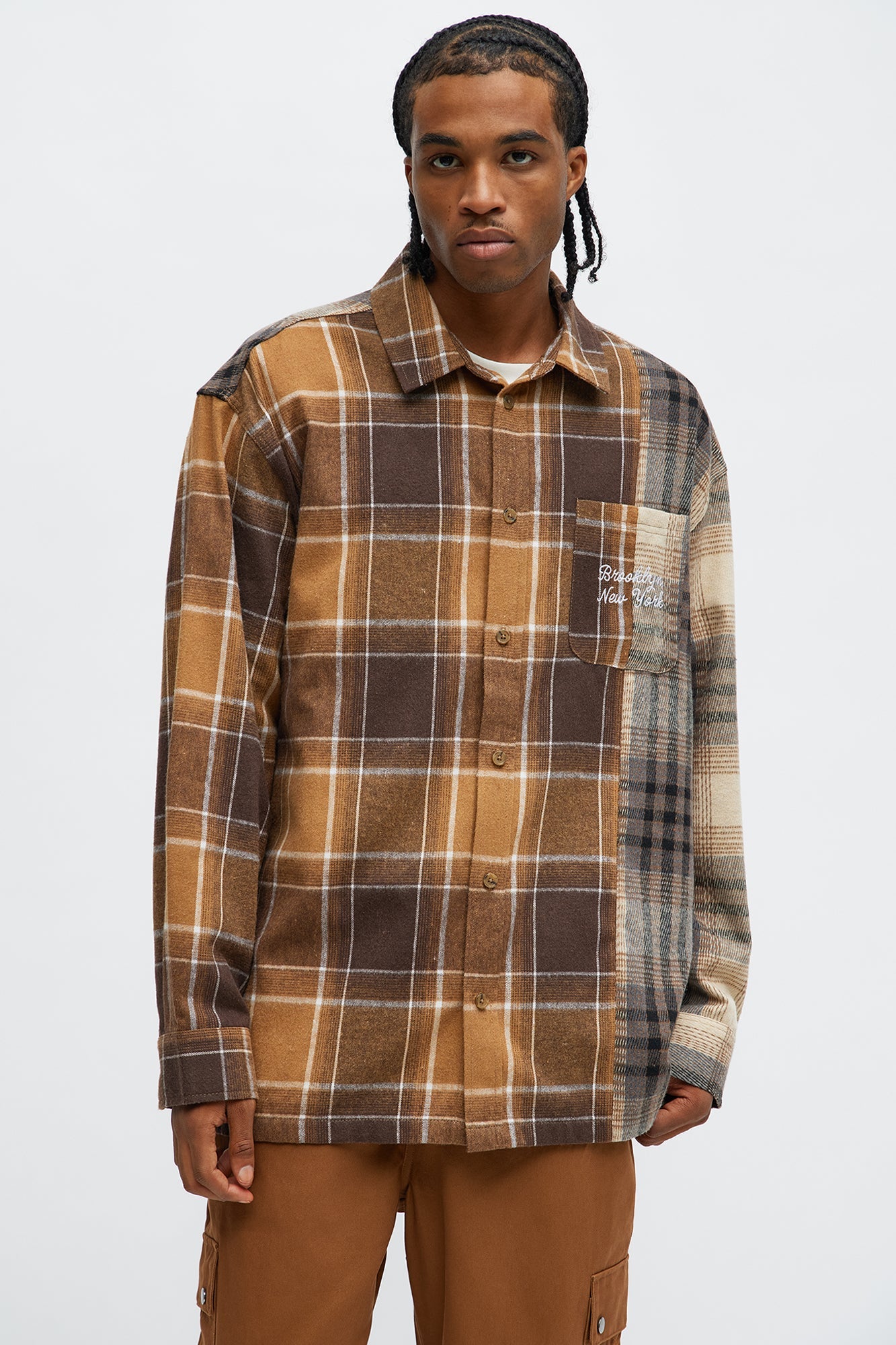 Patchwork Flannel Button Up Shirt - Brown Combo