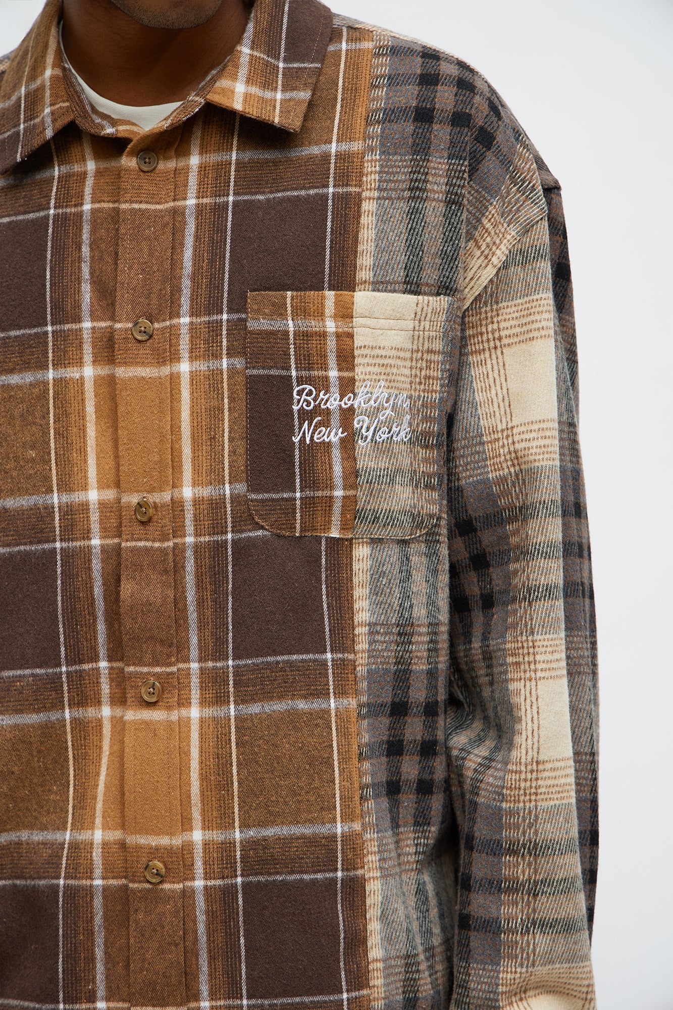 Patchwork Flannel Button Up Shirt - Brown Combo