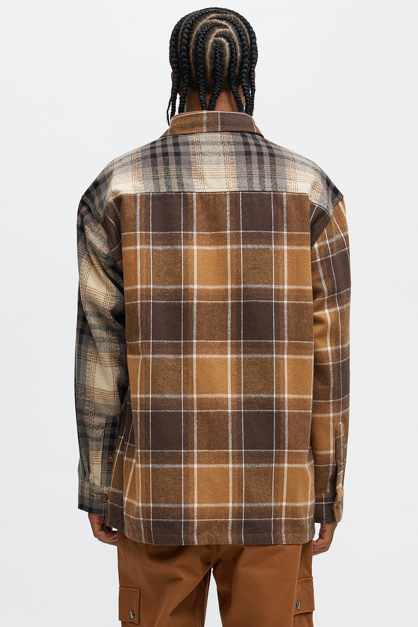 Patchwork Flannel Button Up Shirt - Brown Combo