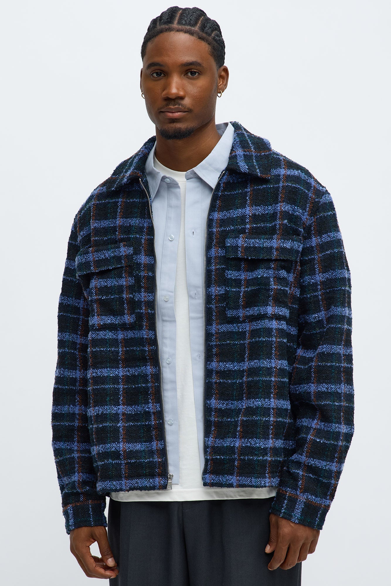 Textured Plaid Zip Jacket - Blue/combo