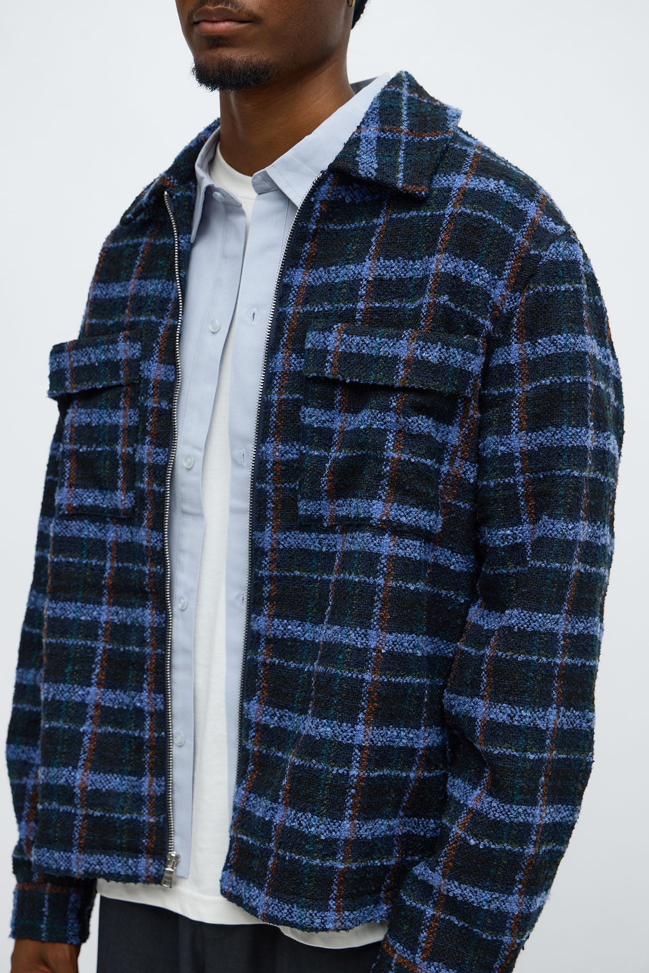 Textured Plaid Zip Jacket - Blue/combo