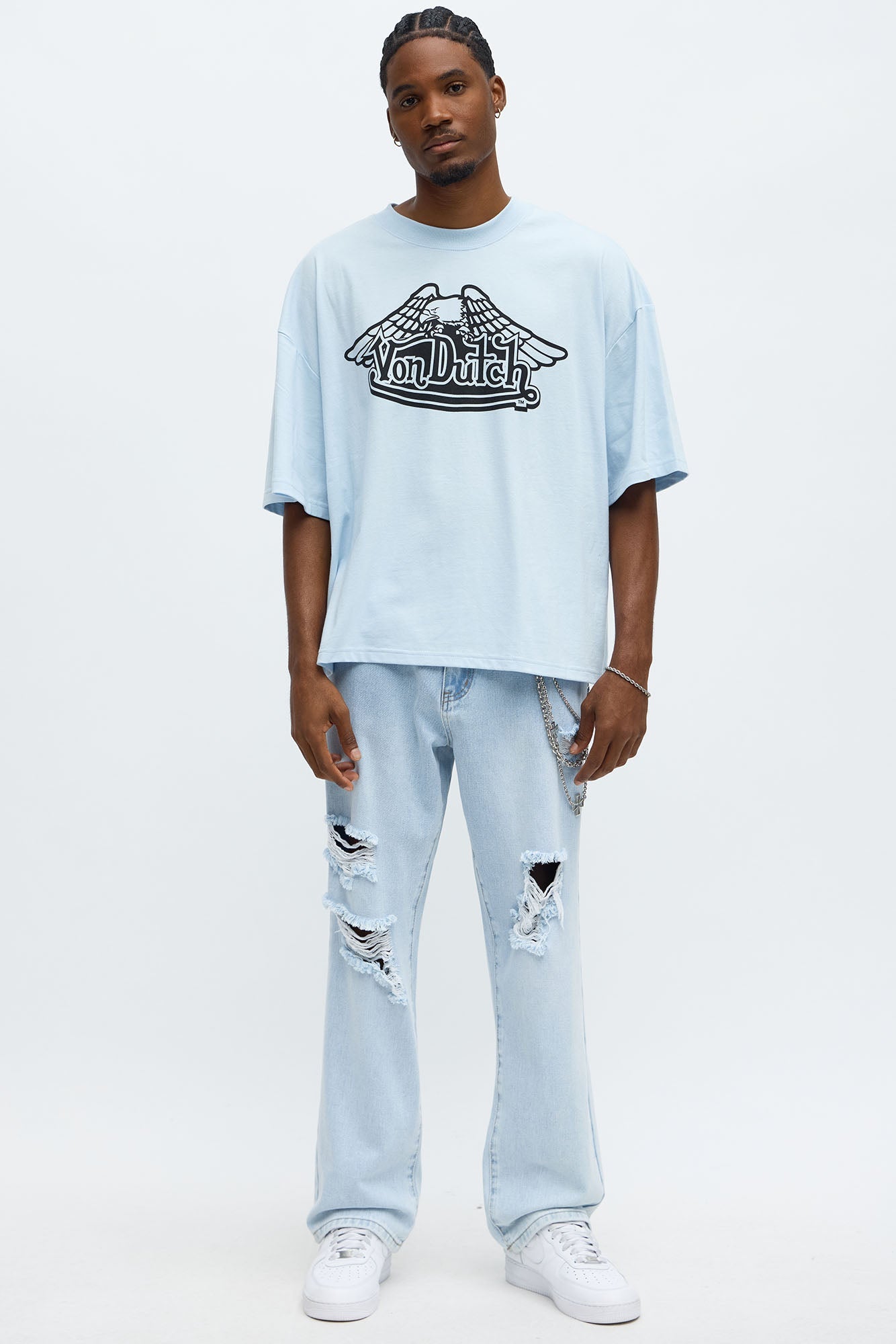 Oversized Cropped Von Dutch Classic Wings Tee - Light Blue