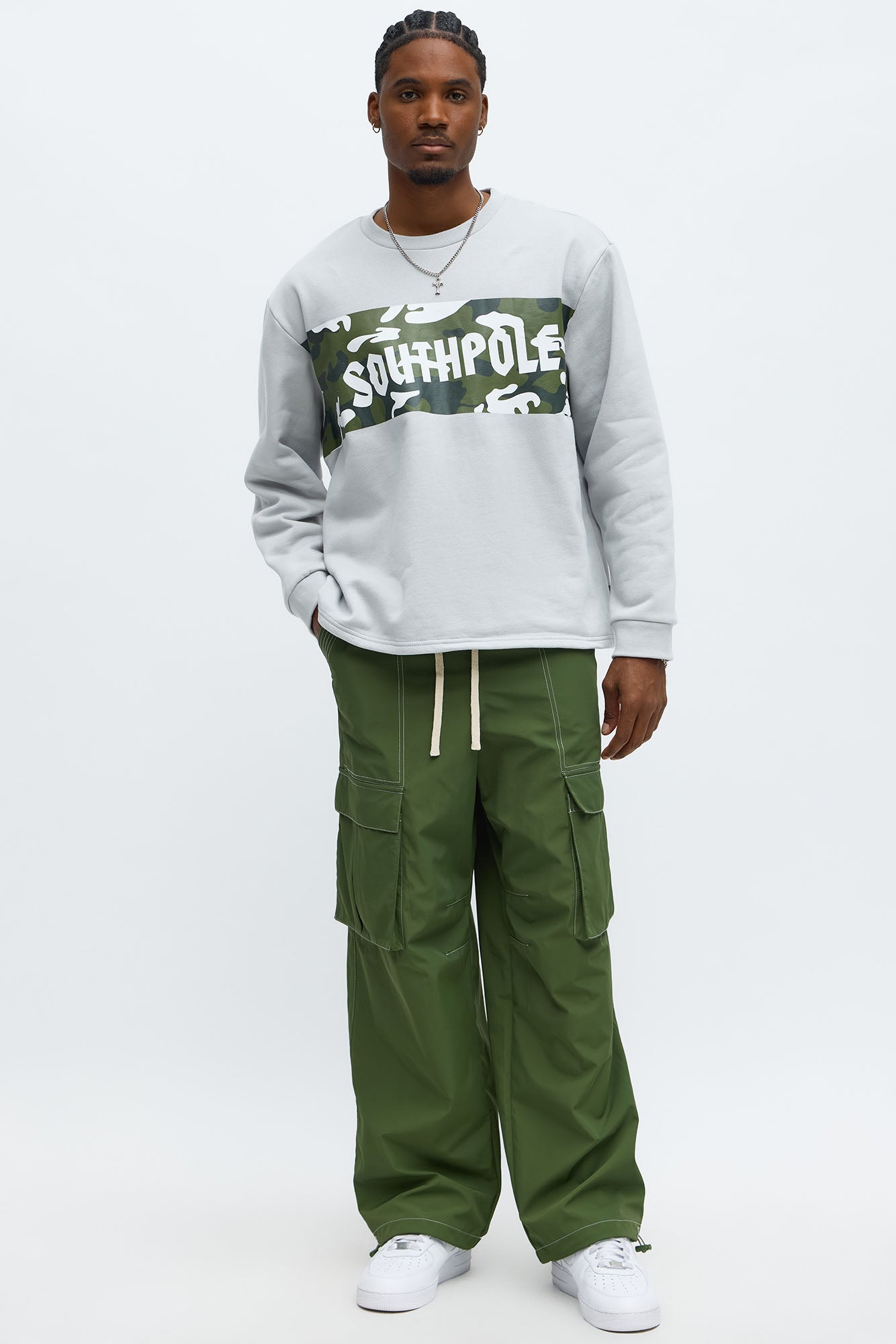 Baggy Stay Moving Contrast Stitch Nylon Cargo Pants - Olive