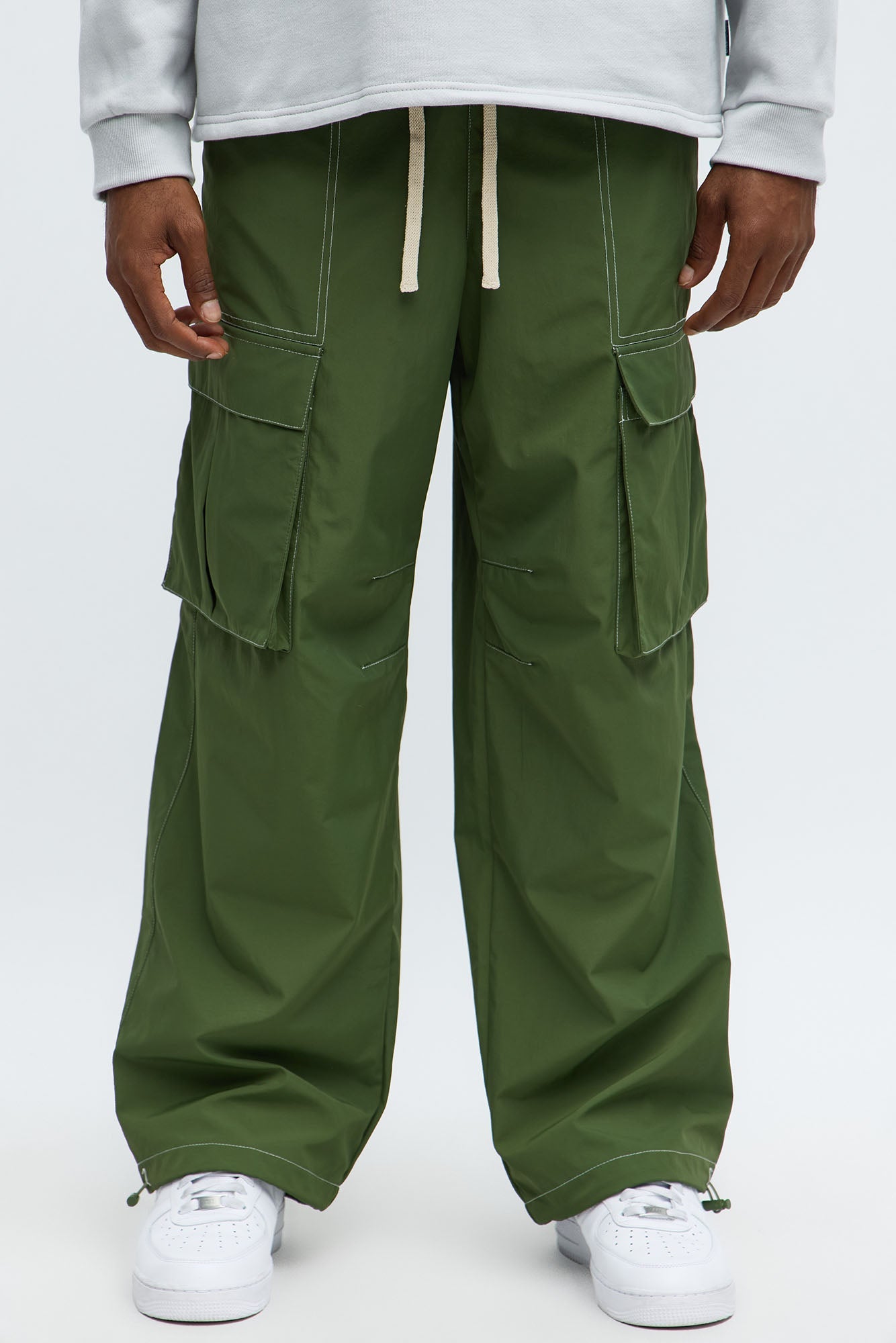 Baggy Stay Moving Contrast Stitch Nylon Cargo Pants - Olive