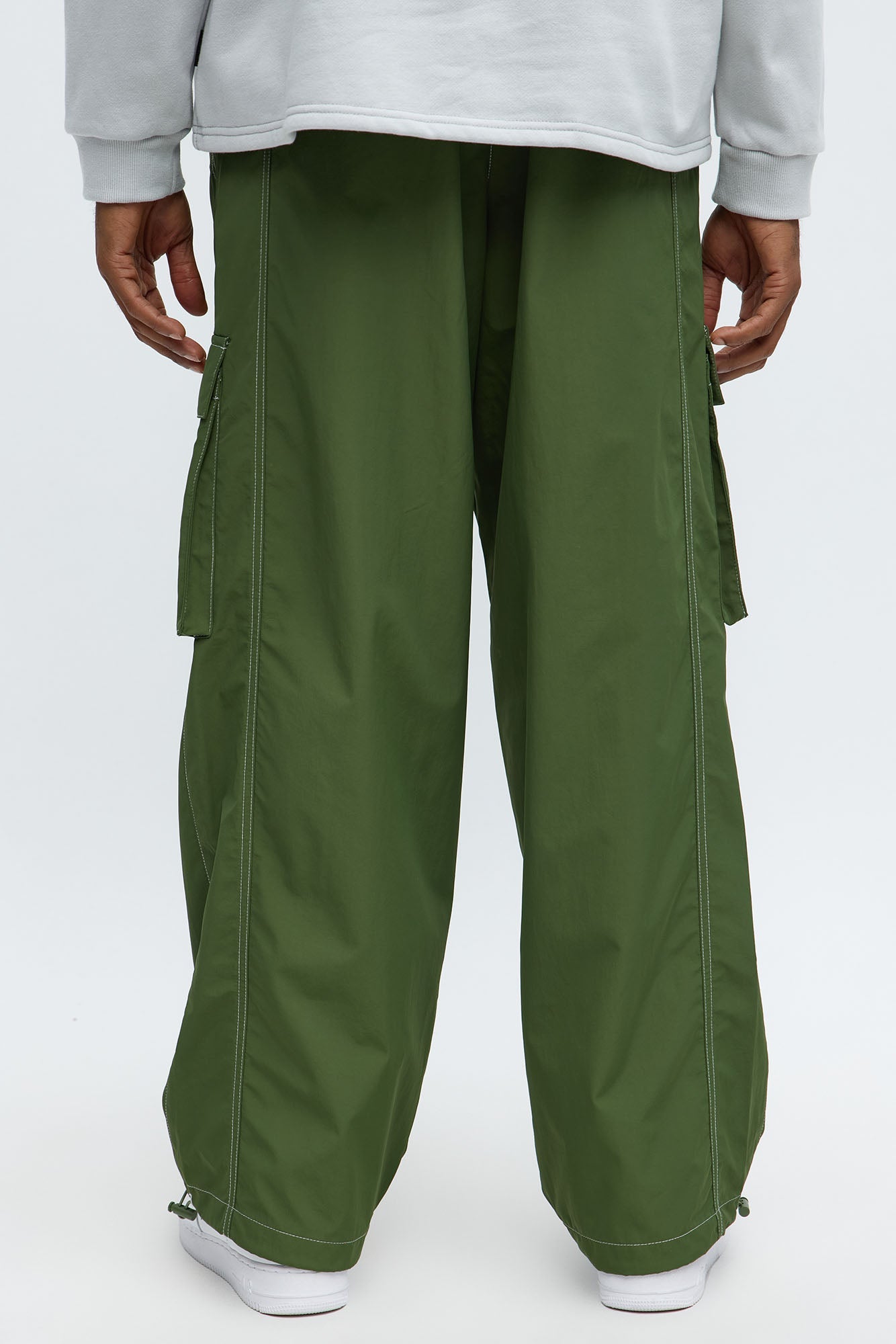 Baggy Stay Moving Contrast Stitch Nylon Cargo Pants - Olive