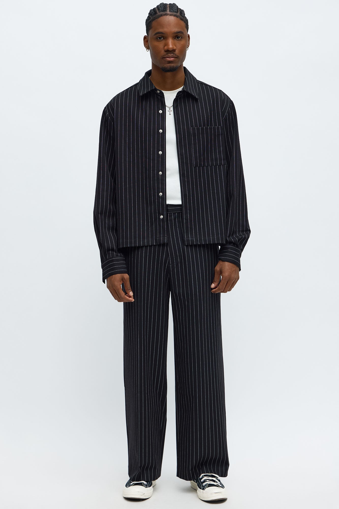 Cropped Striped Button Up Shirt - Black