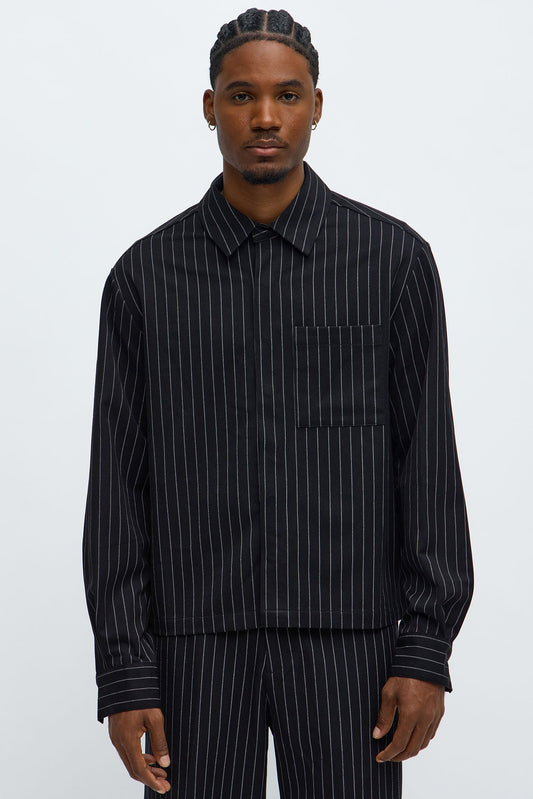 Cropped Striped Button Up Shirt - Black