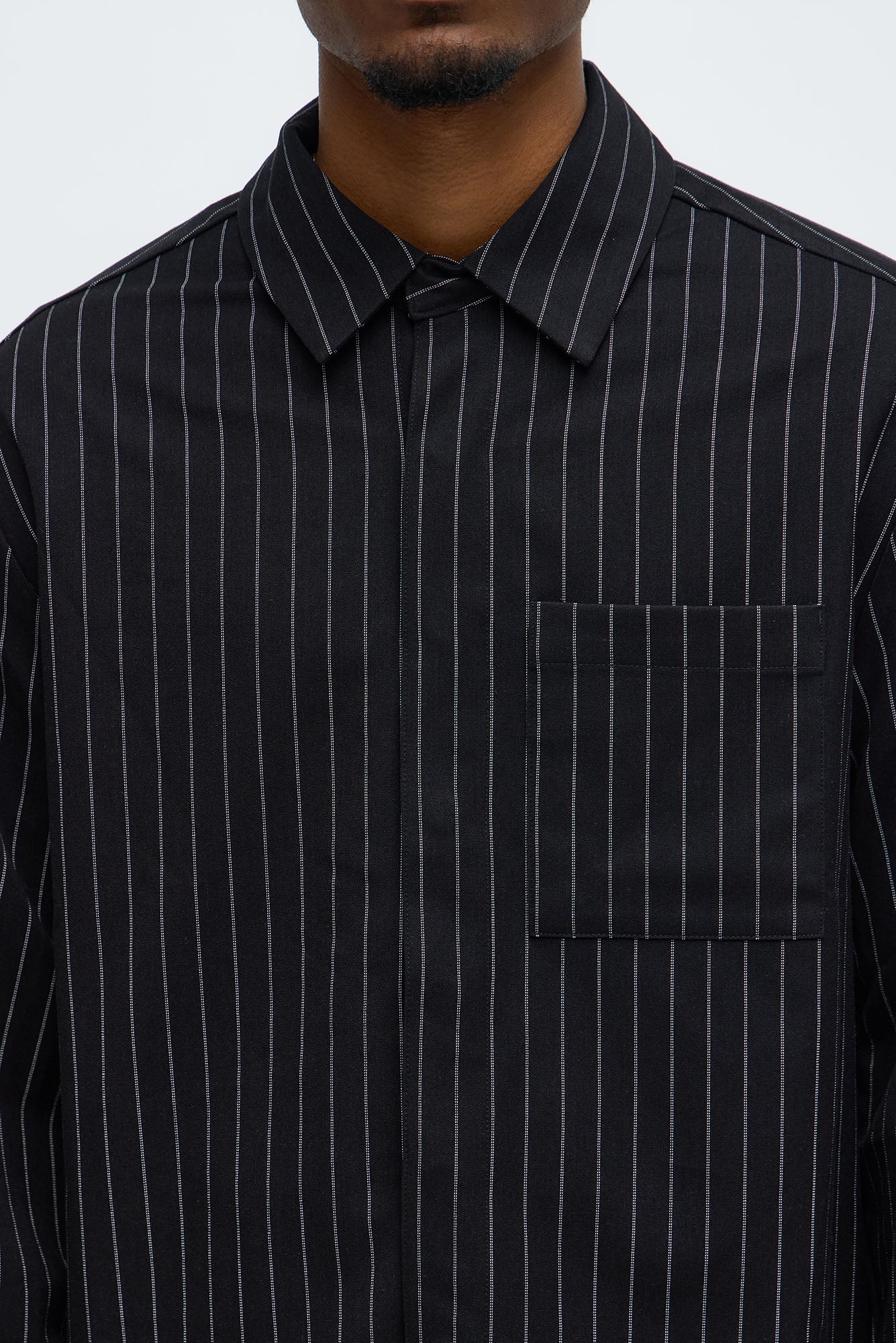 Cropped Striped Button Up Shirt - Black