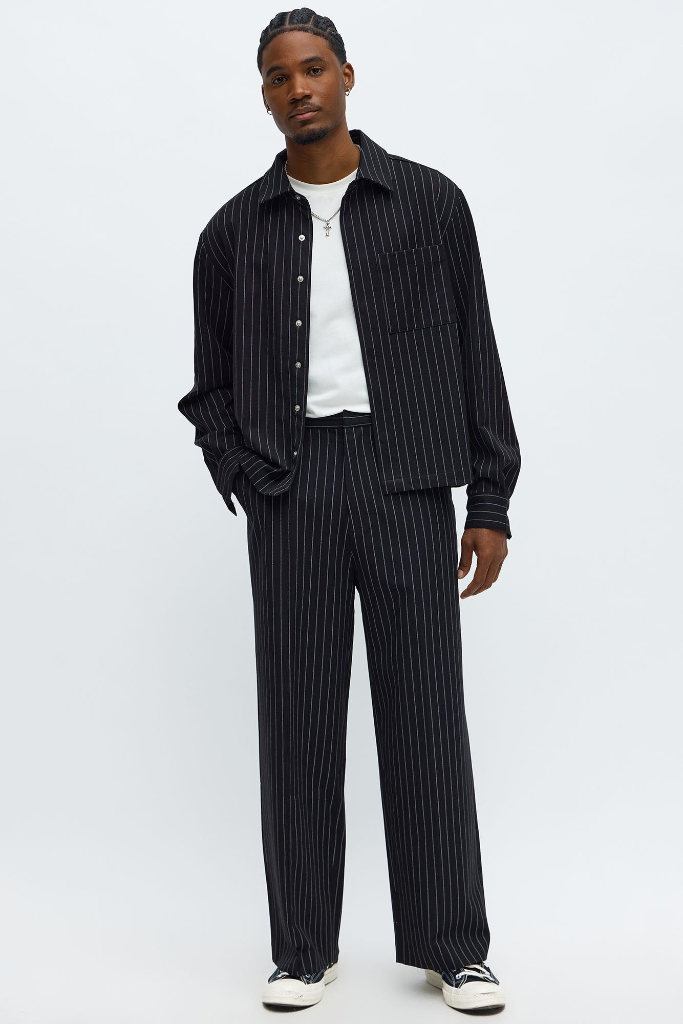 Wide Leg Straight Striped Trouser - Black