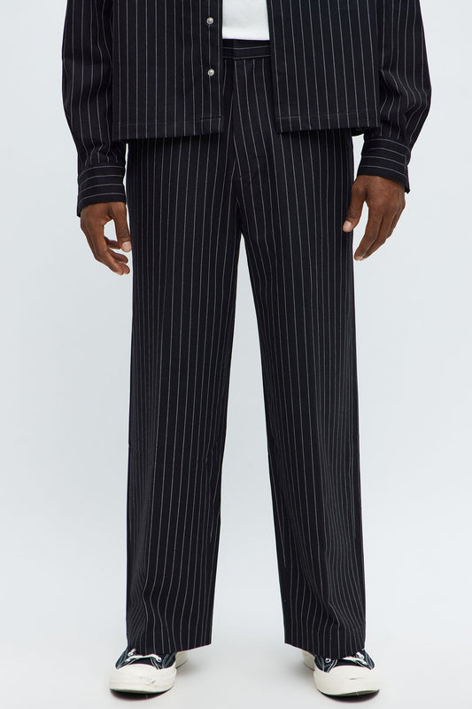 Wide Leg Straight Striped Trouser - Black