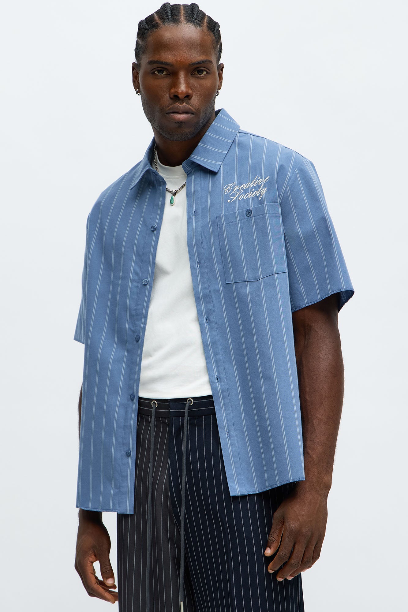 Creative Society Raw Hem Mechanic Button Up Shirt  - Blue