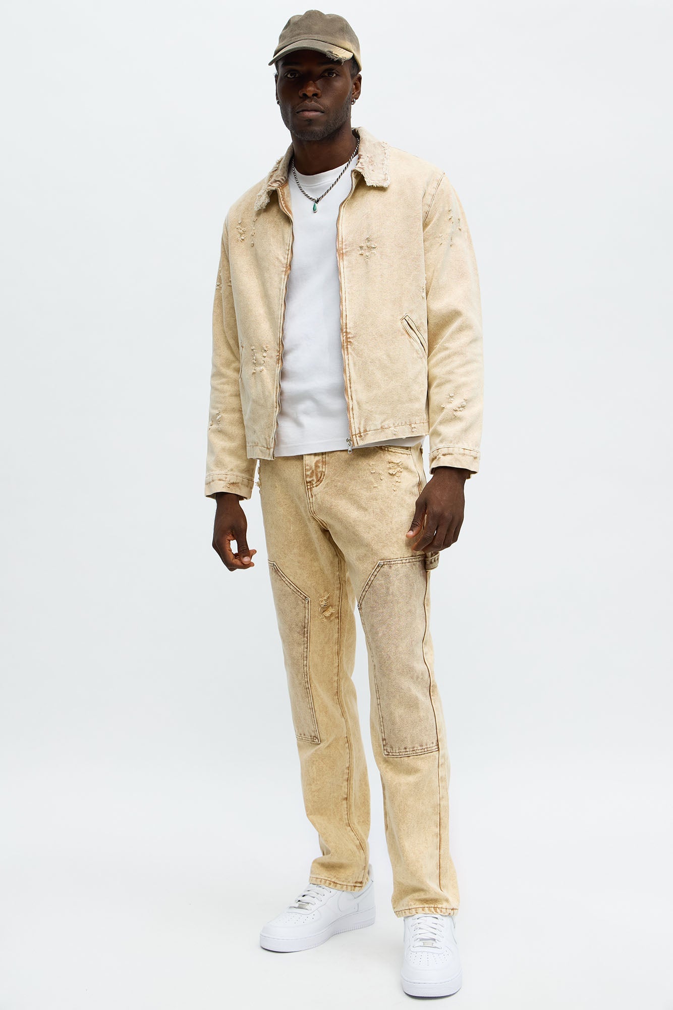 Relaxed Distressed Frayed Work Jacket - Tan