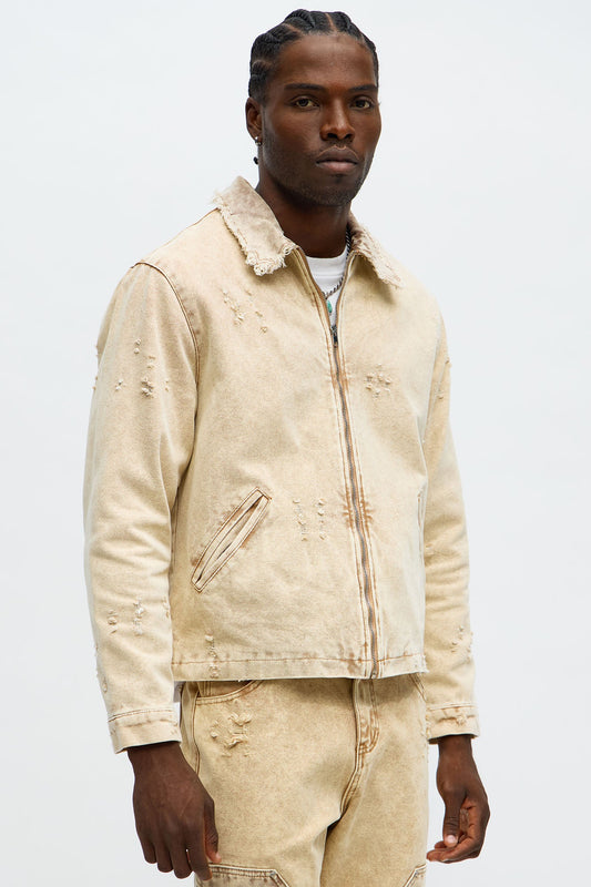 Relaxed Distressed Frayed Work Jacket - Tan