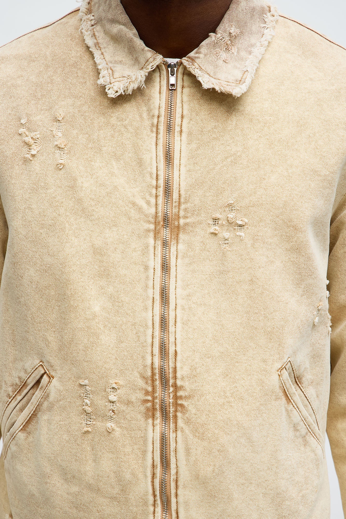 Relaxed Distressed Frayed Work Jacket - Tan