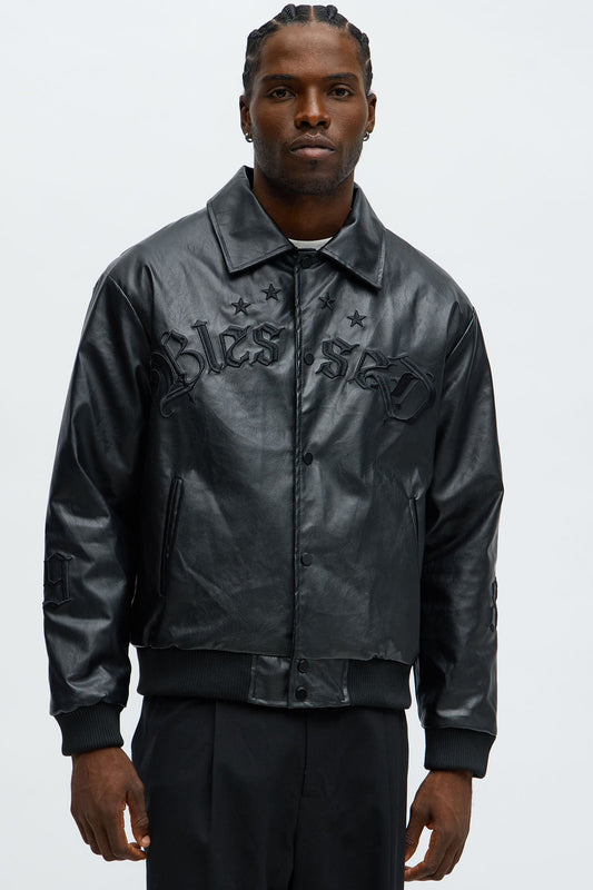 Relaxed Blessed Embroidered Coach Jacket - Black