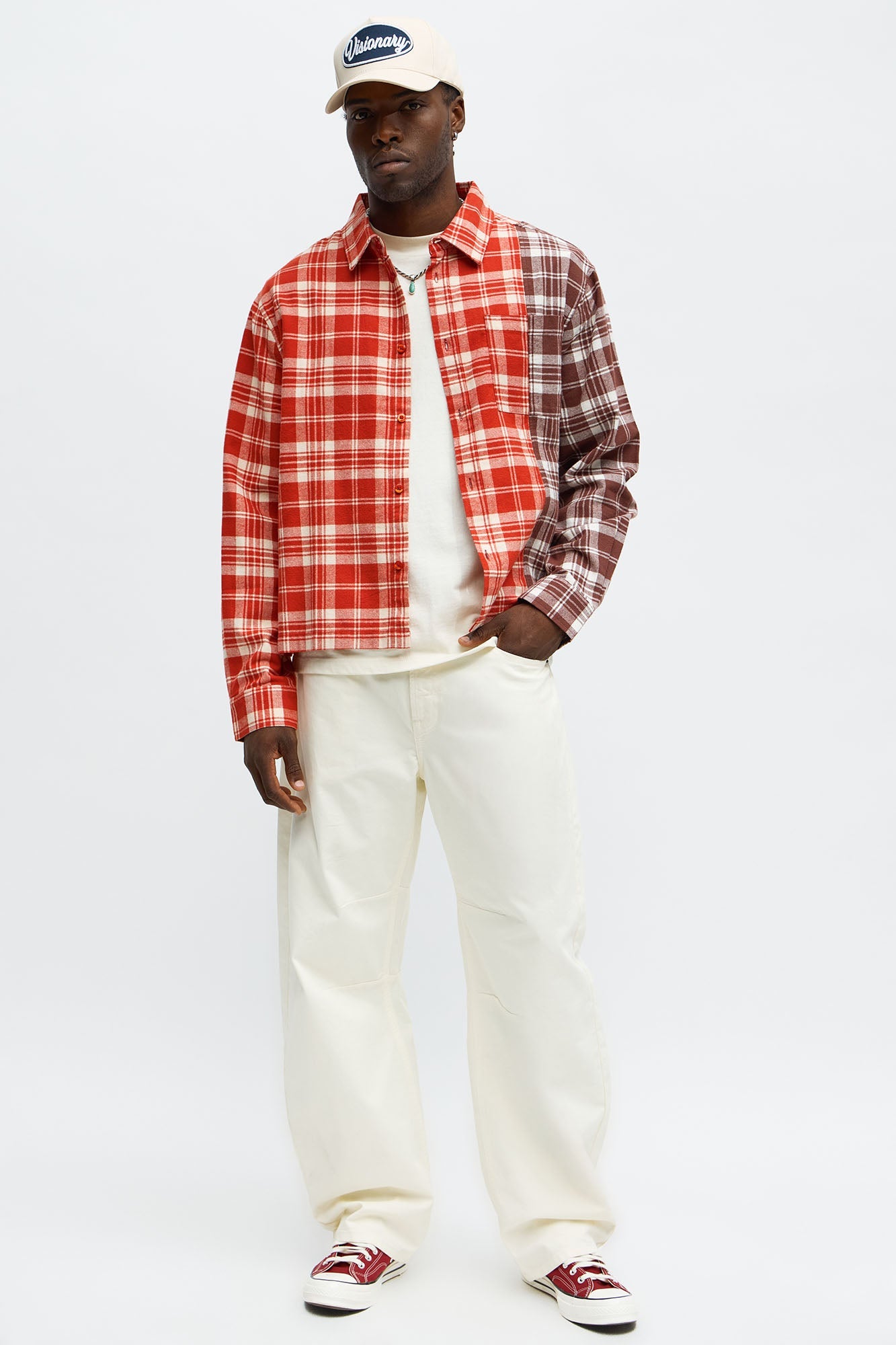 Split Flannel Button Up Shirt - Red/combo