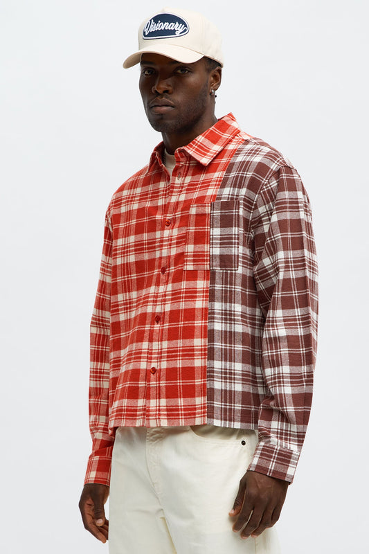 Split Flannel Button Up Shirt - Red/combo