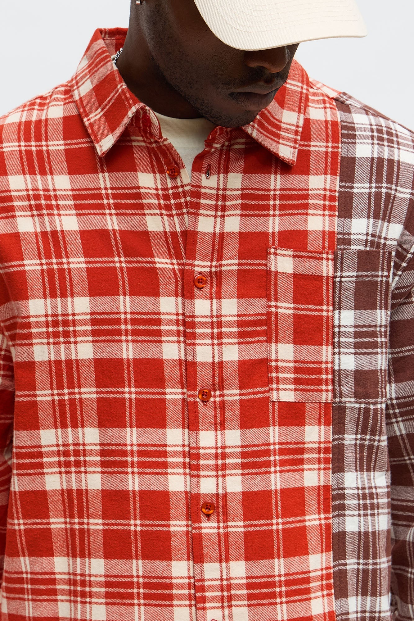 Split Flannel Button Up Shirt - Red/combo