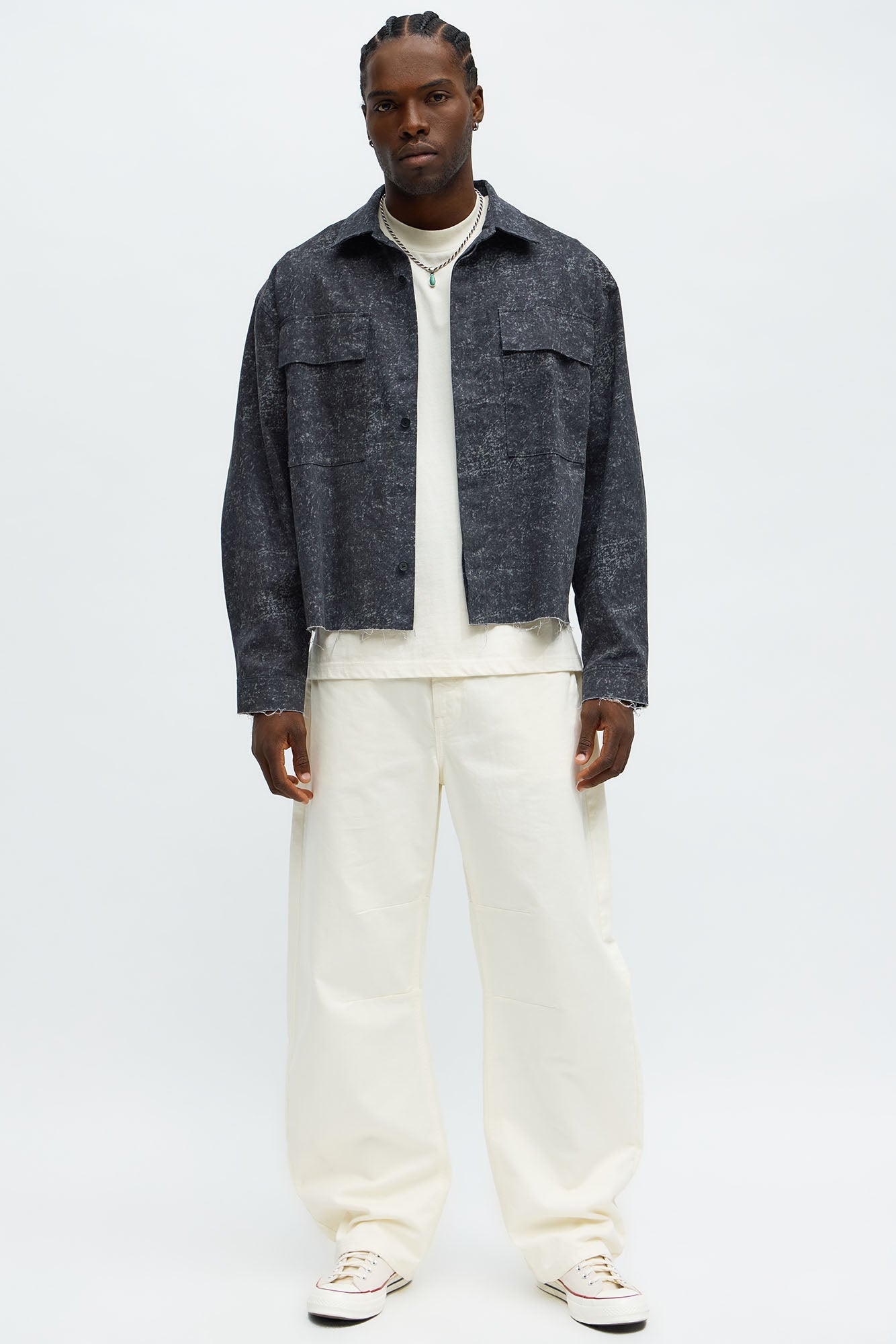 Cropped Raw Hem Long Sleeve Button Up Shirt - Black/combo