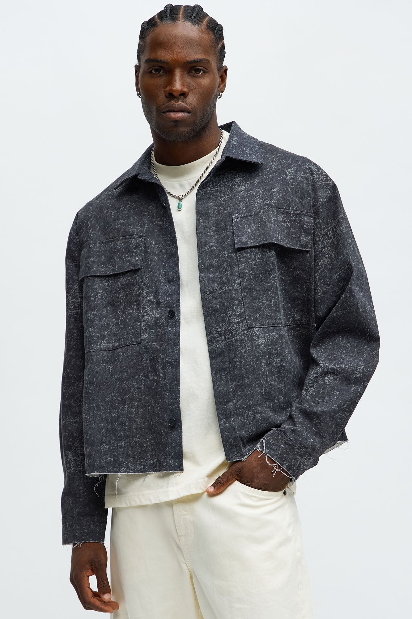 Cropped Raw Hem Long Sleeve Button Up Shirt - Black/combo