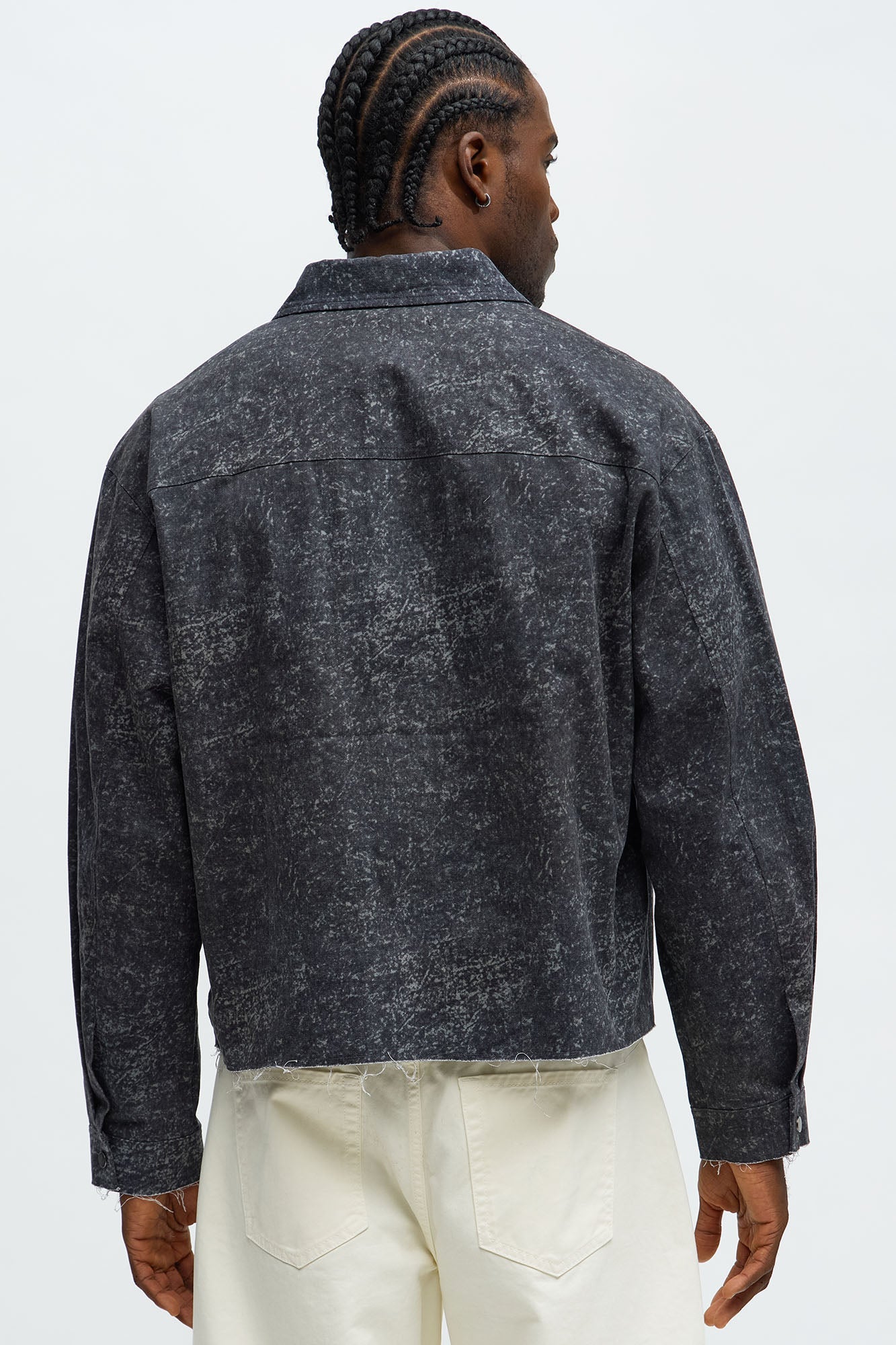 Cropped Raw Hem Long Sleeve Button Up Shirt - Black/combo