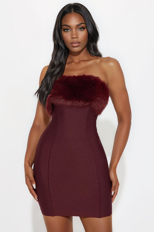 Malika Fur Trim Bandage Mini Dress - Burgundy