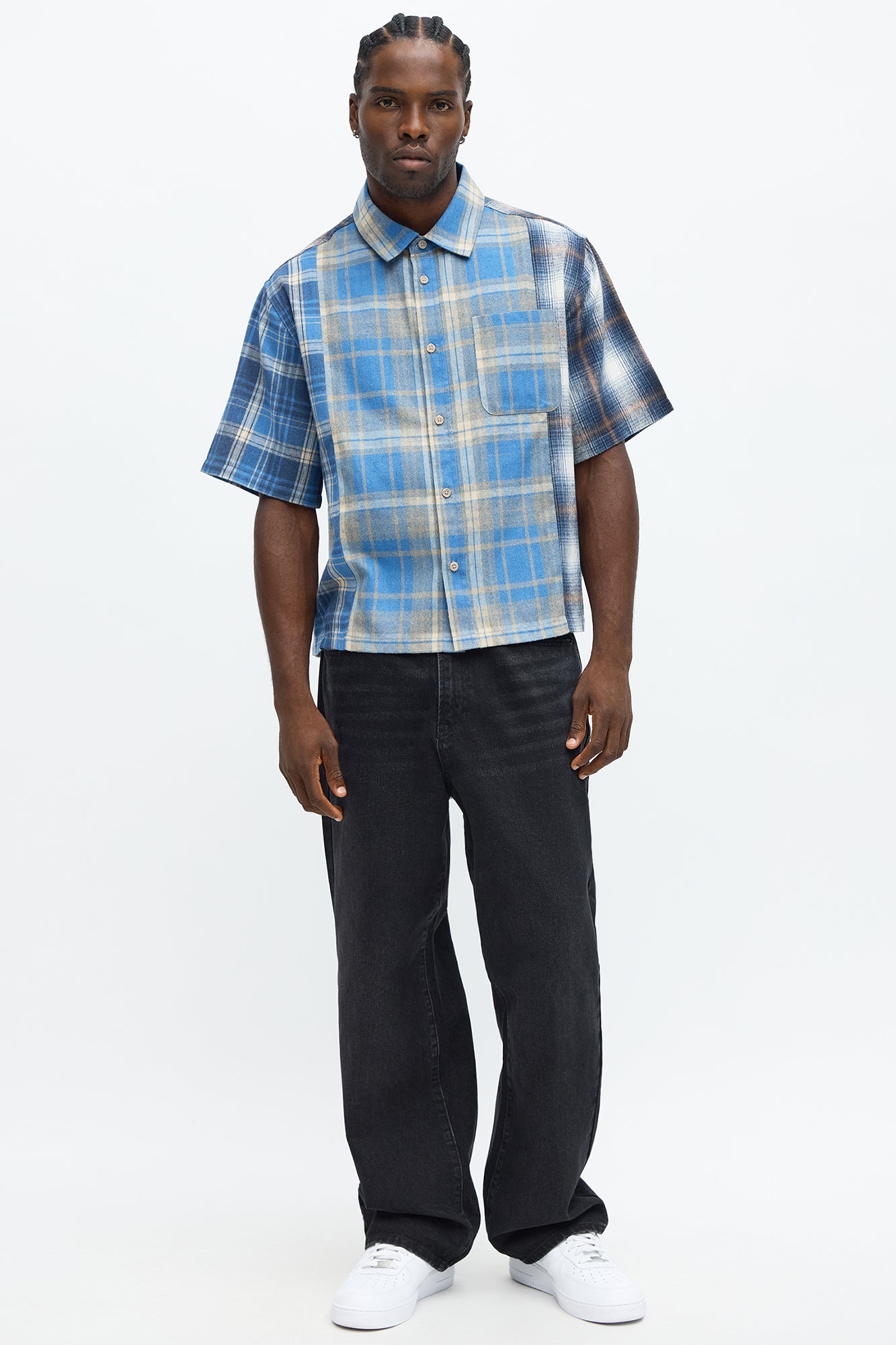 Cropped Patchwork Flannel Button Up - Blue/combo