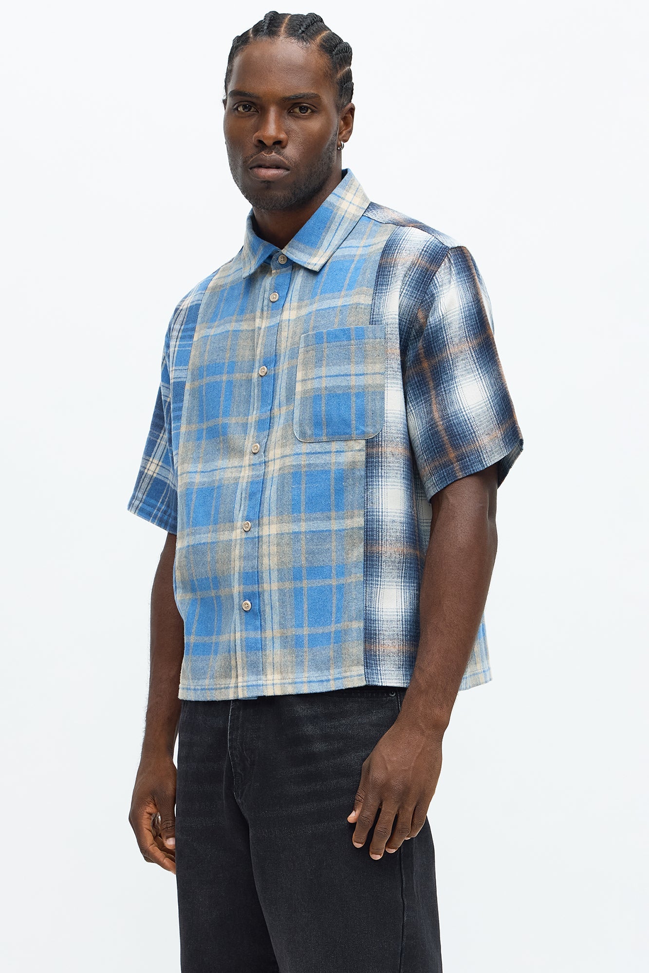 Cropped Patchwork Flannel Button Up - Blue/combo