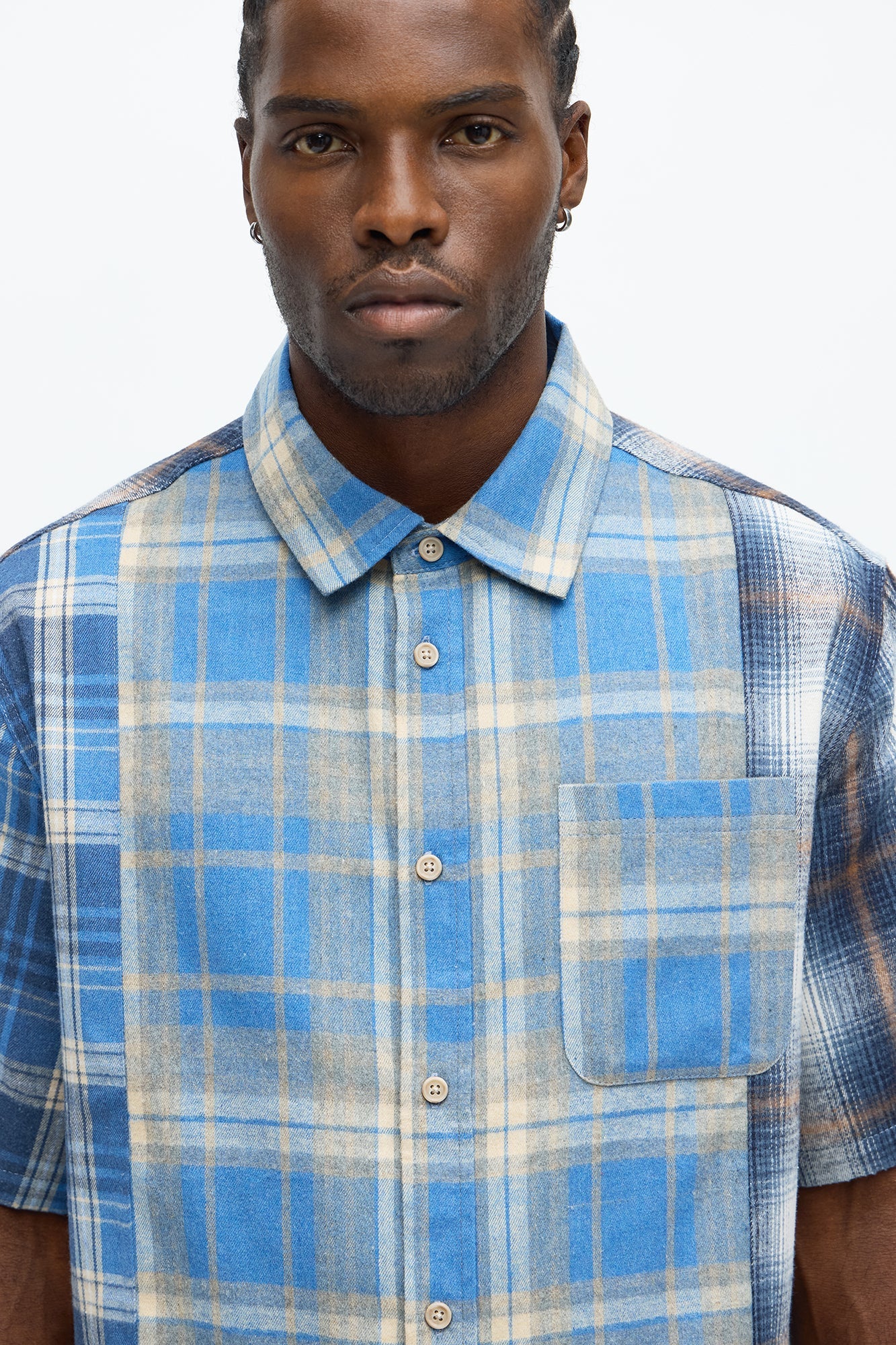 Cropped Patchwork Flannel Button Up - Blue/combo
