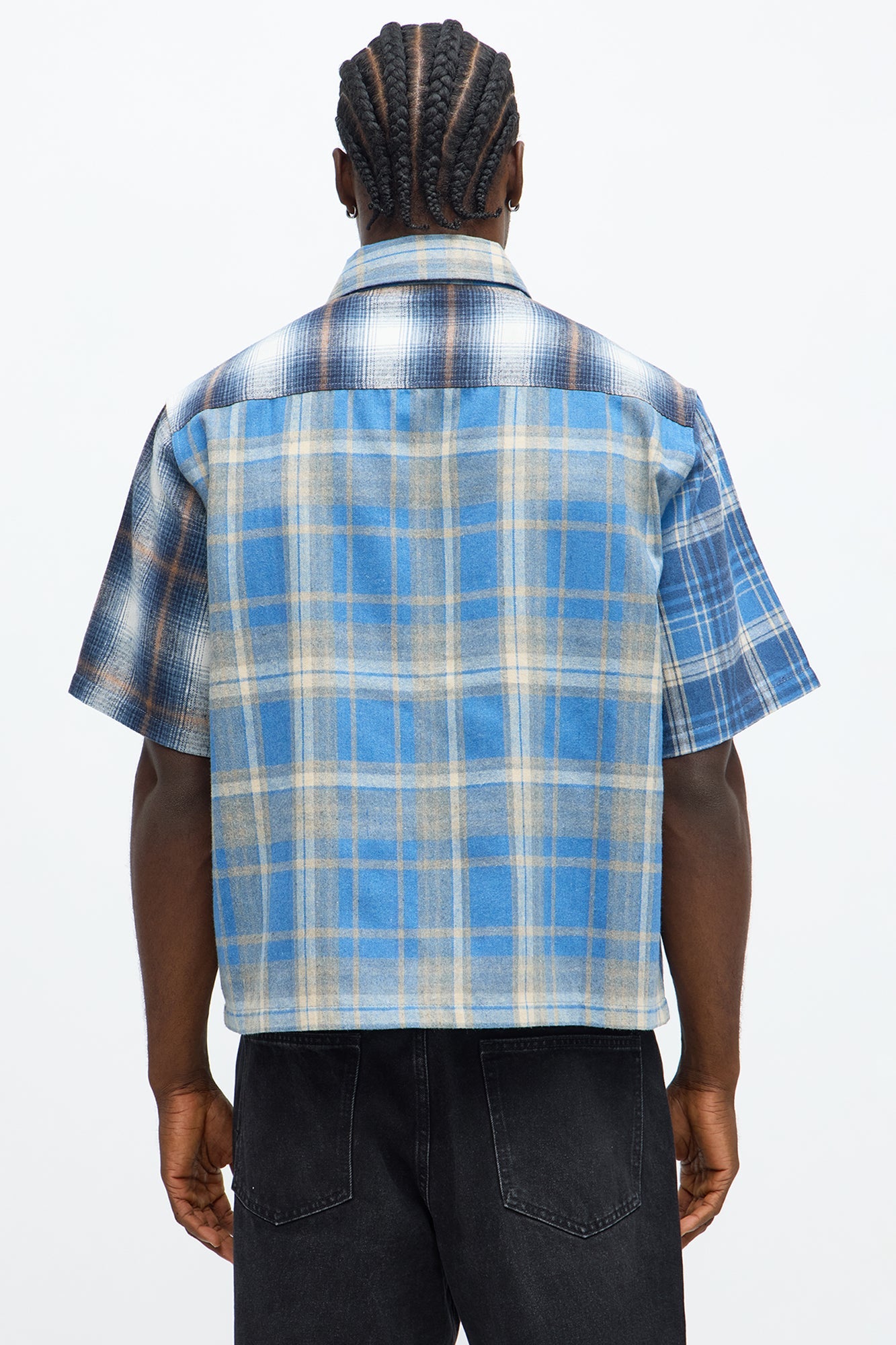 Cropped Patchwork Flannel Button Up - Blue/combo