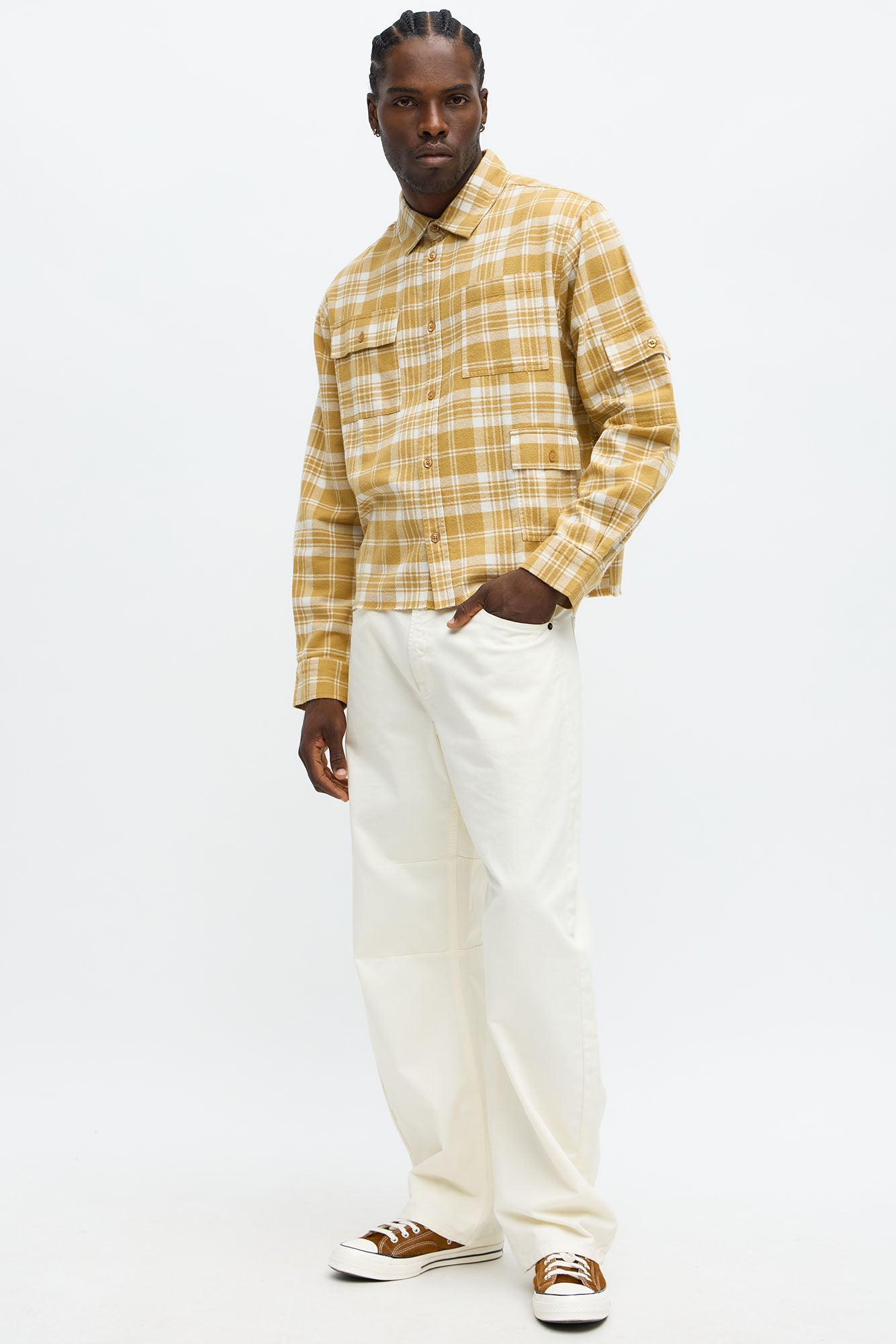 Cropped Cargo Pocket Flannel Button Up - Khaki