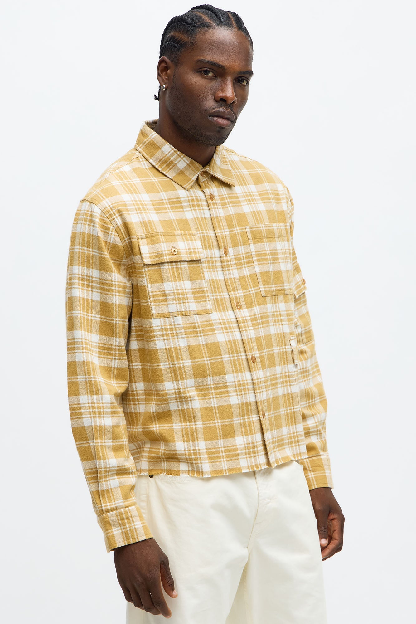 Cropped Cargo Pocket Flannel Button Up - Khaki