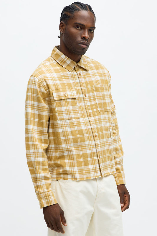 Cropped Cargo Pocket Flannel Button Up - Khaki