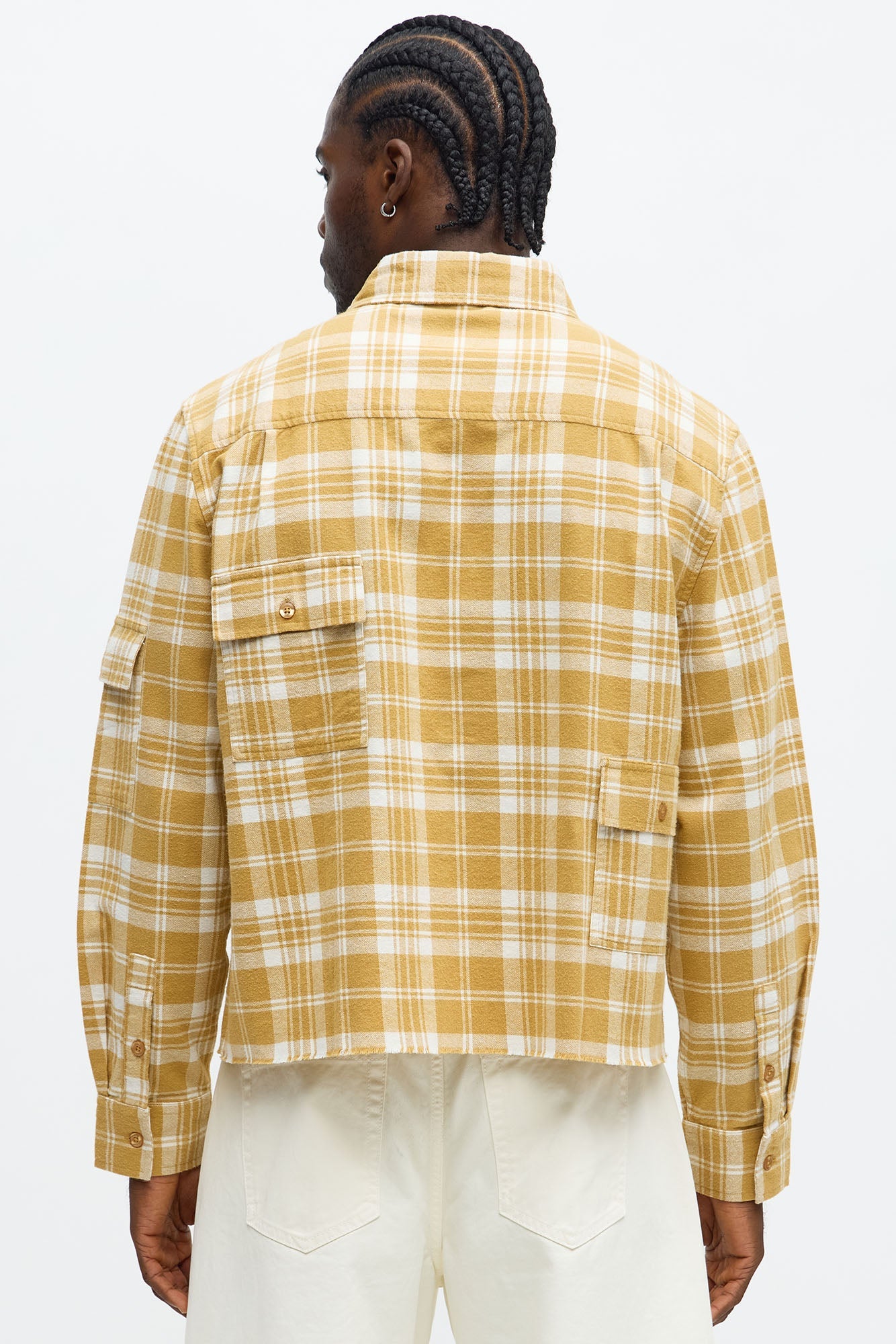 Cropped Cargo Pocket Flannel Button Up - Khaki