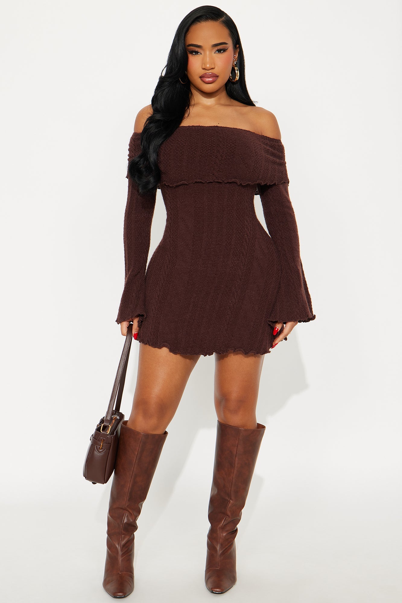 Kallie Off Shoulder Sweater Mini Dress - Chocolate