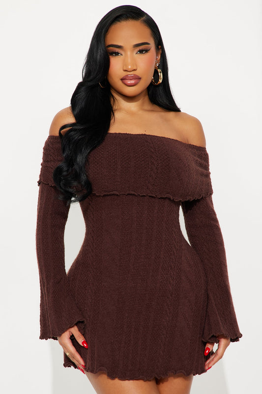 Kallie Off Shoulder Sweater Mini Dress - Chocolate
