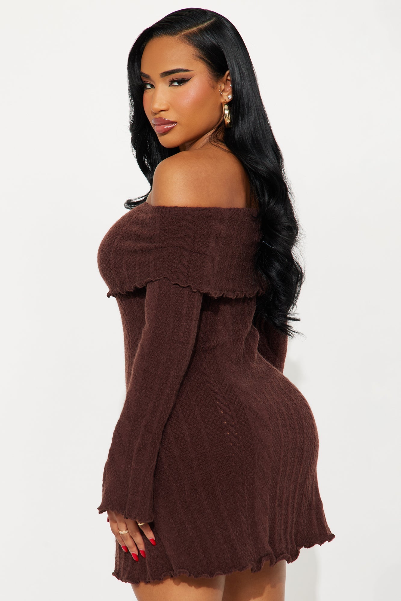 Kallie Off Shoulder Sweater Mini Dress - Chocolate