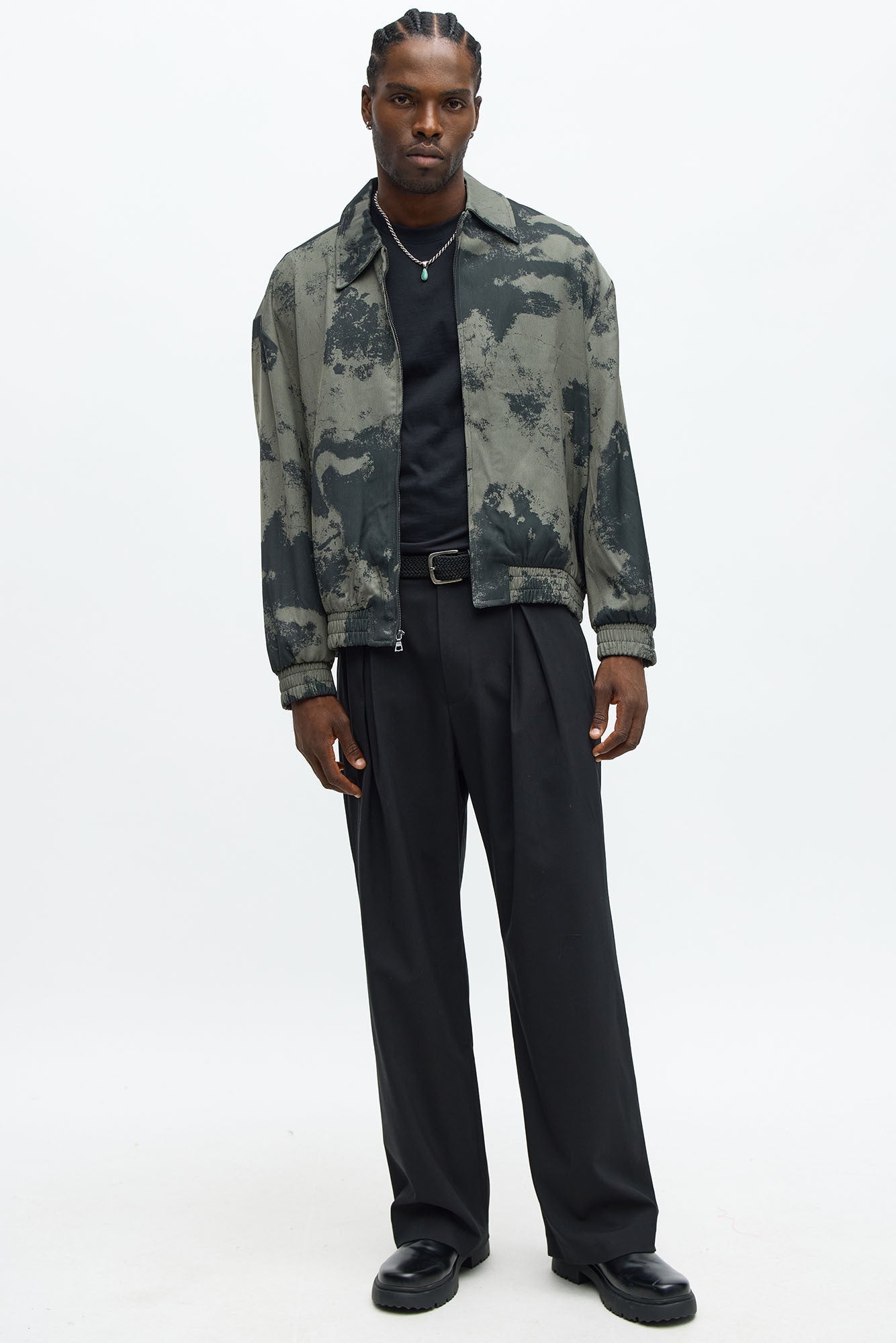 Urban Marble Printed Relaxed Bomber Jacket - Olive/combo