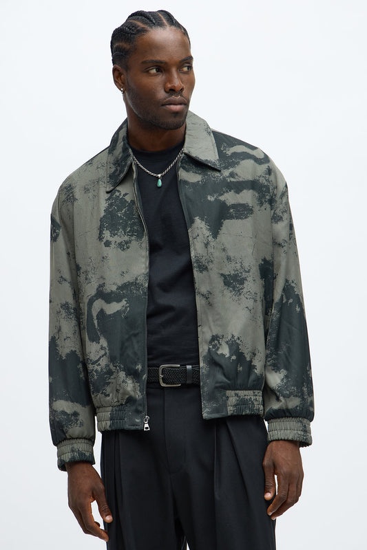 Urban Marble Printed Relaxed Bomber Jacket - Olive/combo