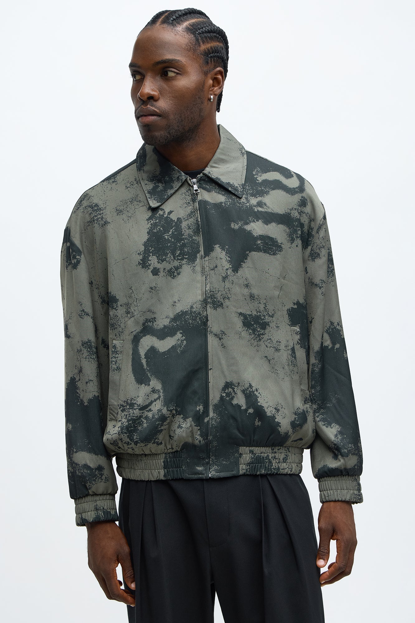 Urban Marble Printed Relaxed Bomber Jacket - Olive/combo