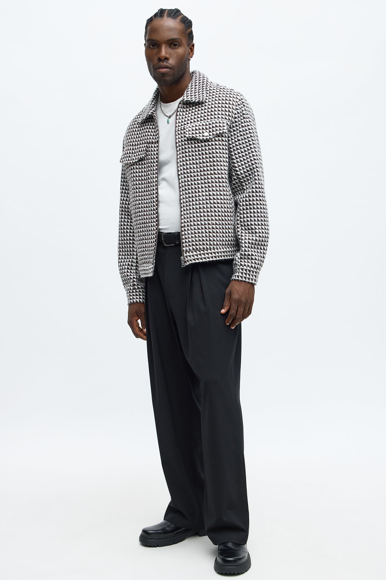 Textured Geometric Zip Jacket - Brown/combo